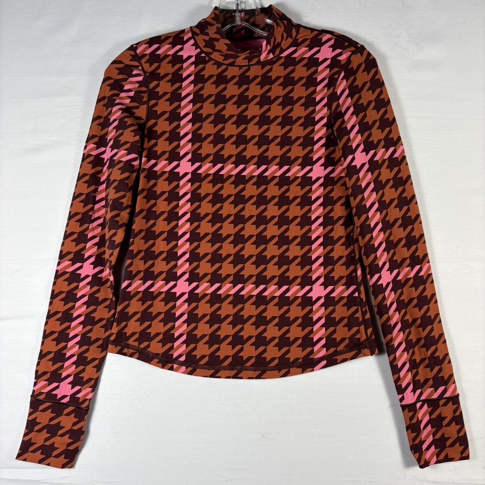 Aerie‎ Women Pink Brown Houndstooth Mock Neck Thumbhole Active Top S